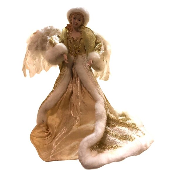 Vintage Porcelain Standing Angel with White Feather Wings & Gold Gown 14 Inches - Picture 1 of 12